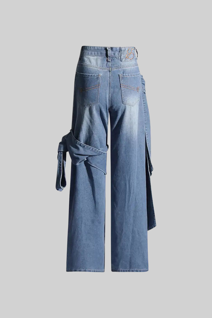 Dámské modré džínsy s mašlí