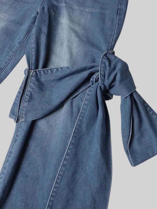 Dámské modré džínsy s mašlí