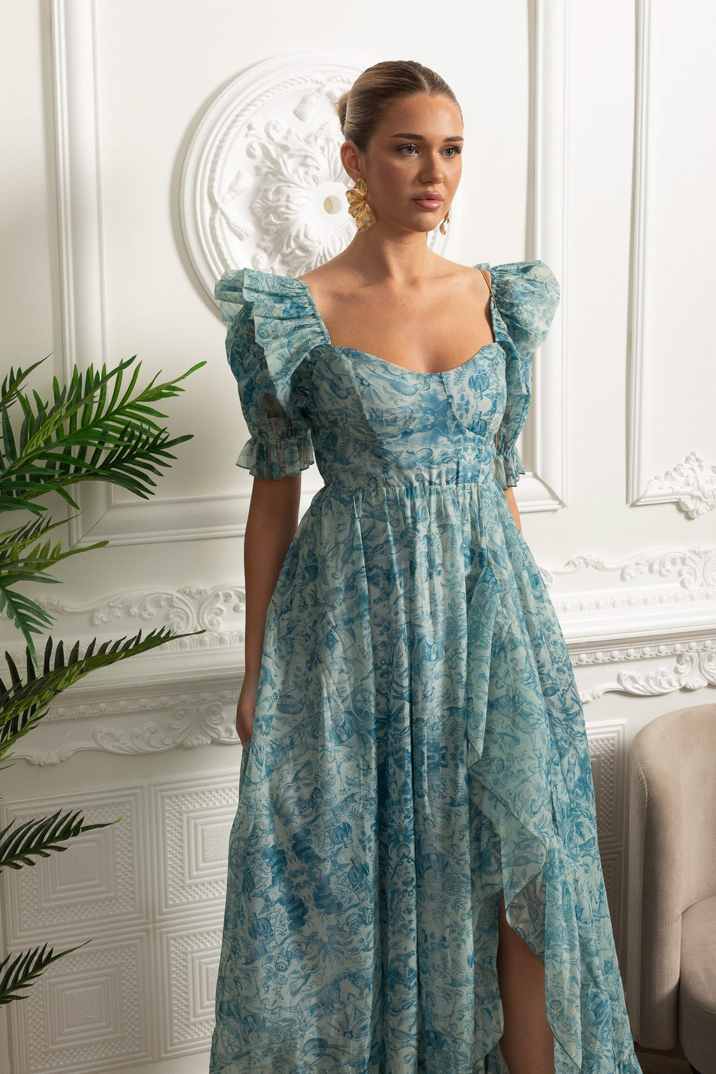 Dámské Maxi Šaty s Puff Rukávy