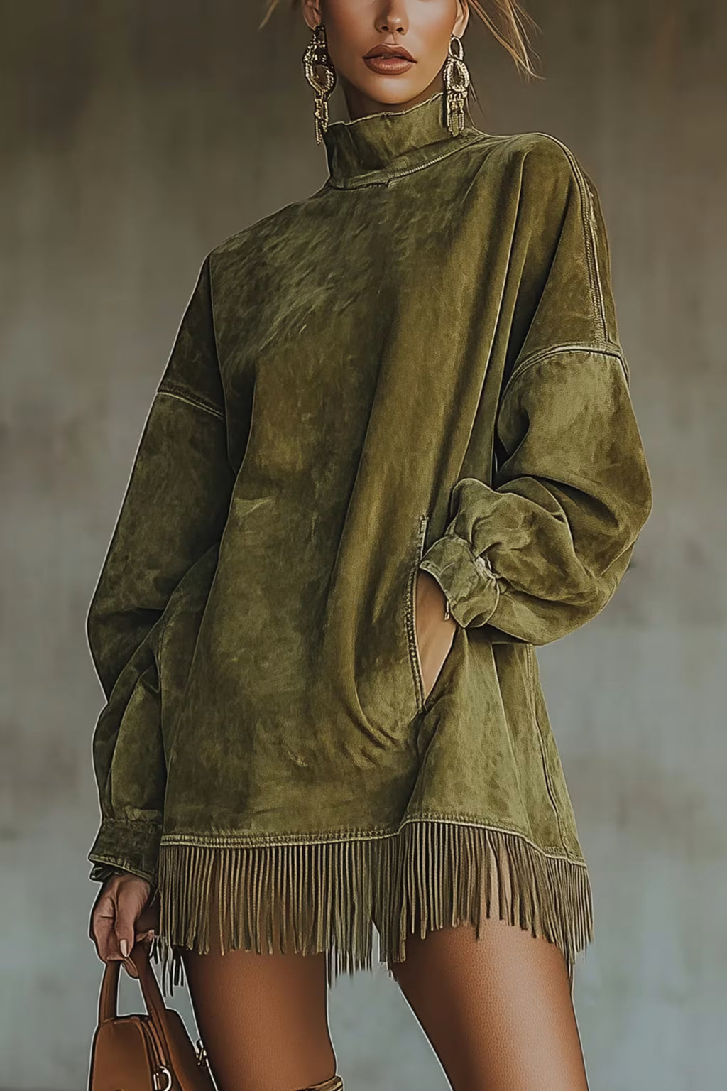 Dámské šaty s turtleneckem a třásněmi