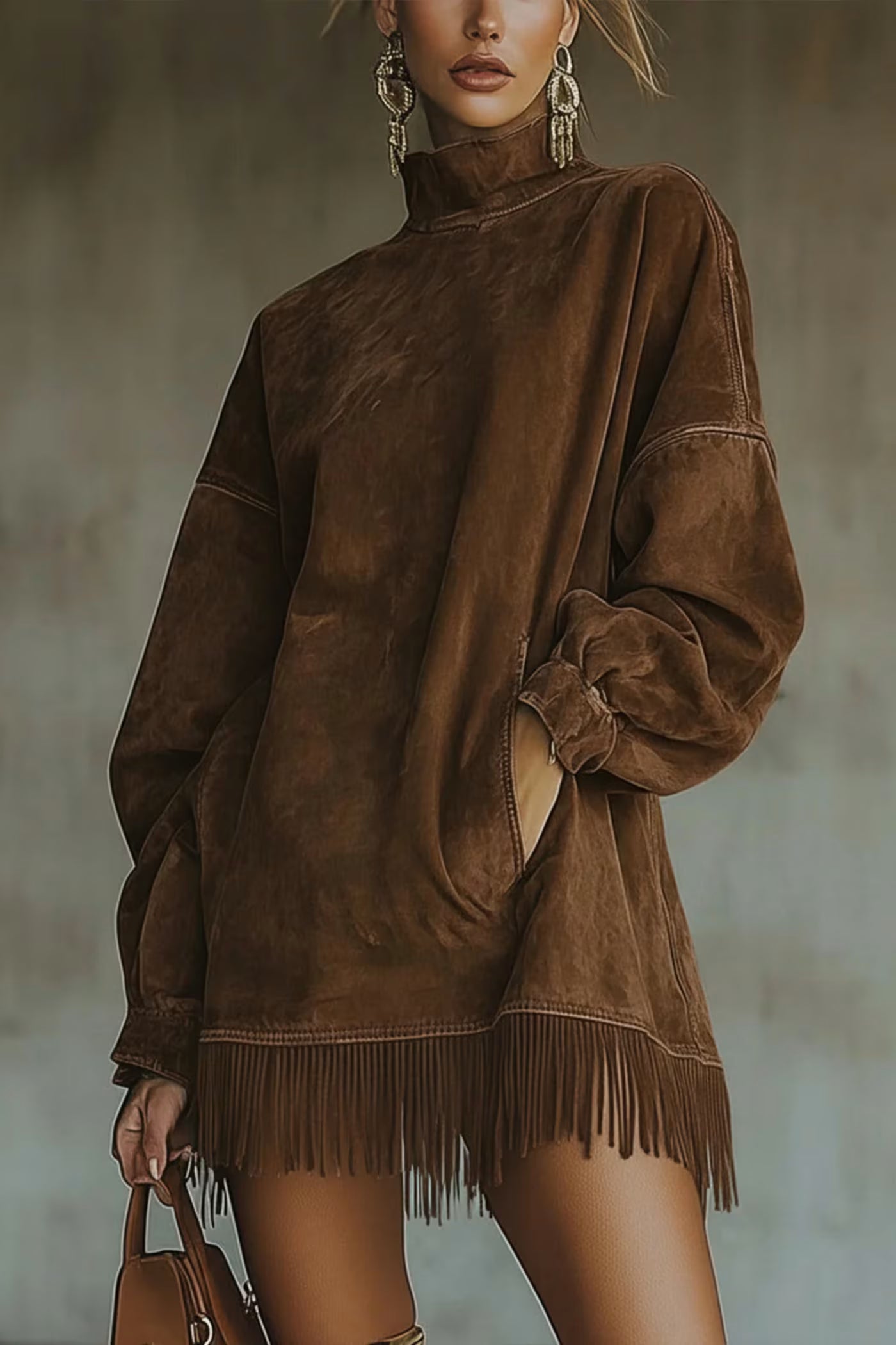 Dámské šaty s turtleneckem a třásněmi