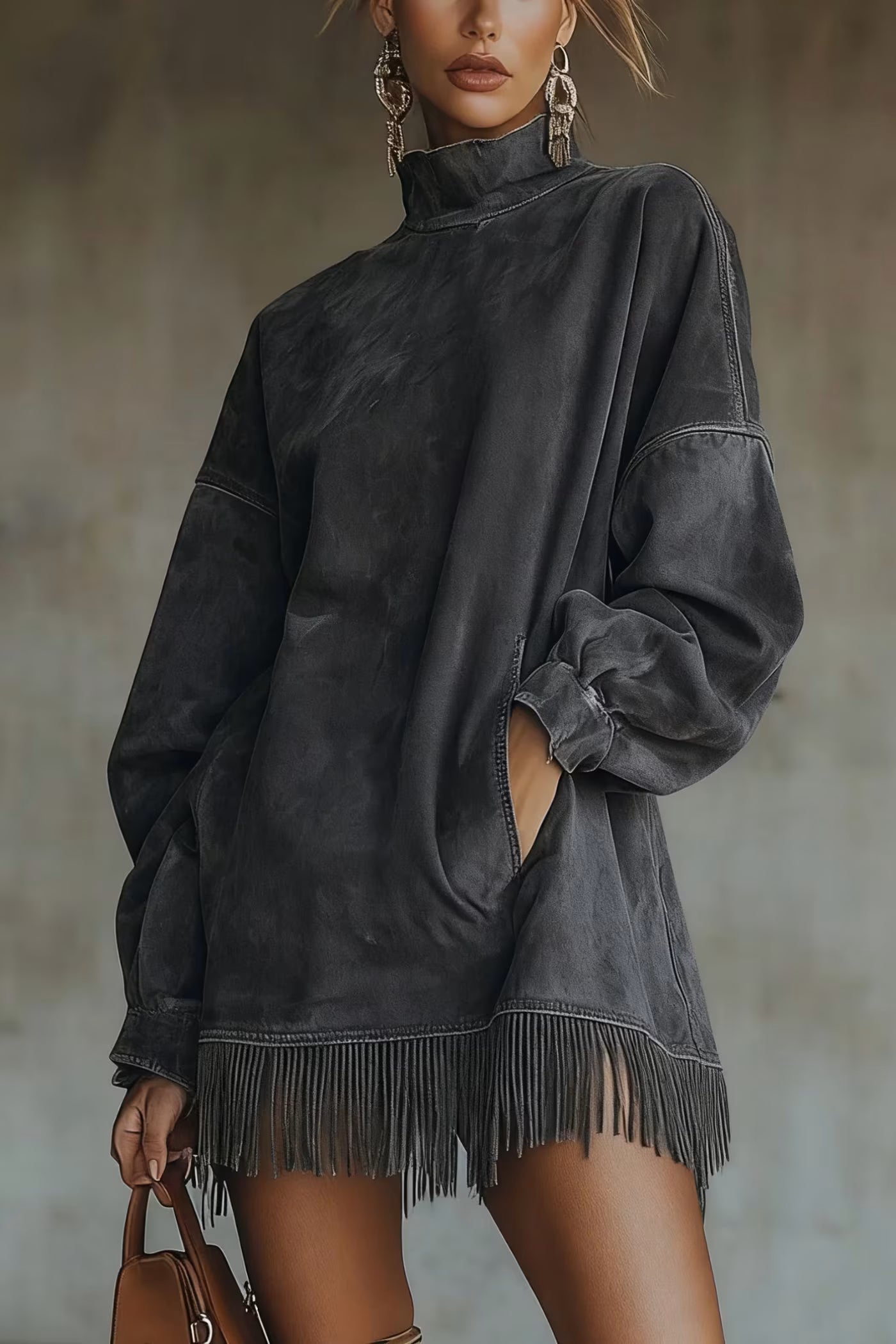 Dámské šaty s turtleneckem a třásněmi